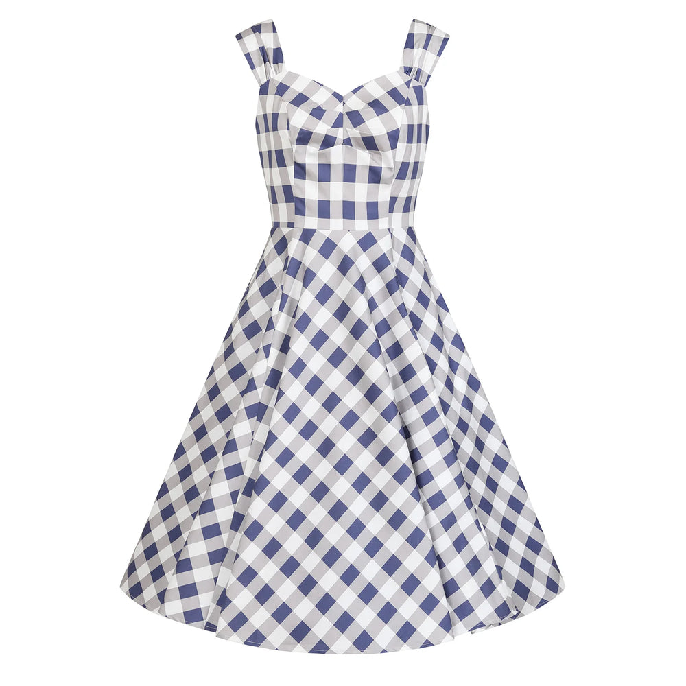 Blue And Grey Check Strappy Rockabilly 50s Swing Dress