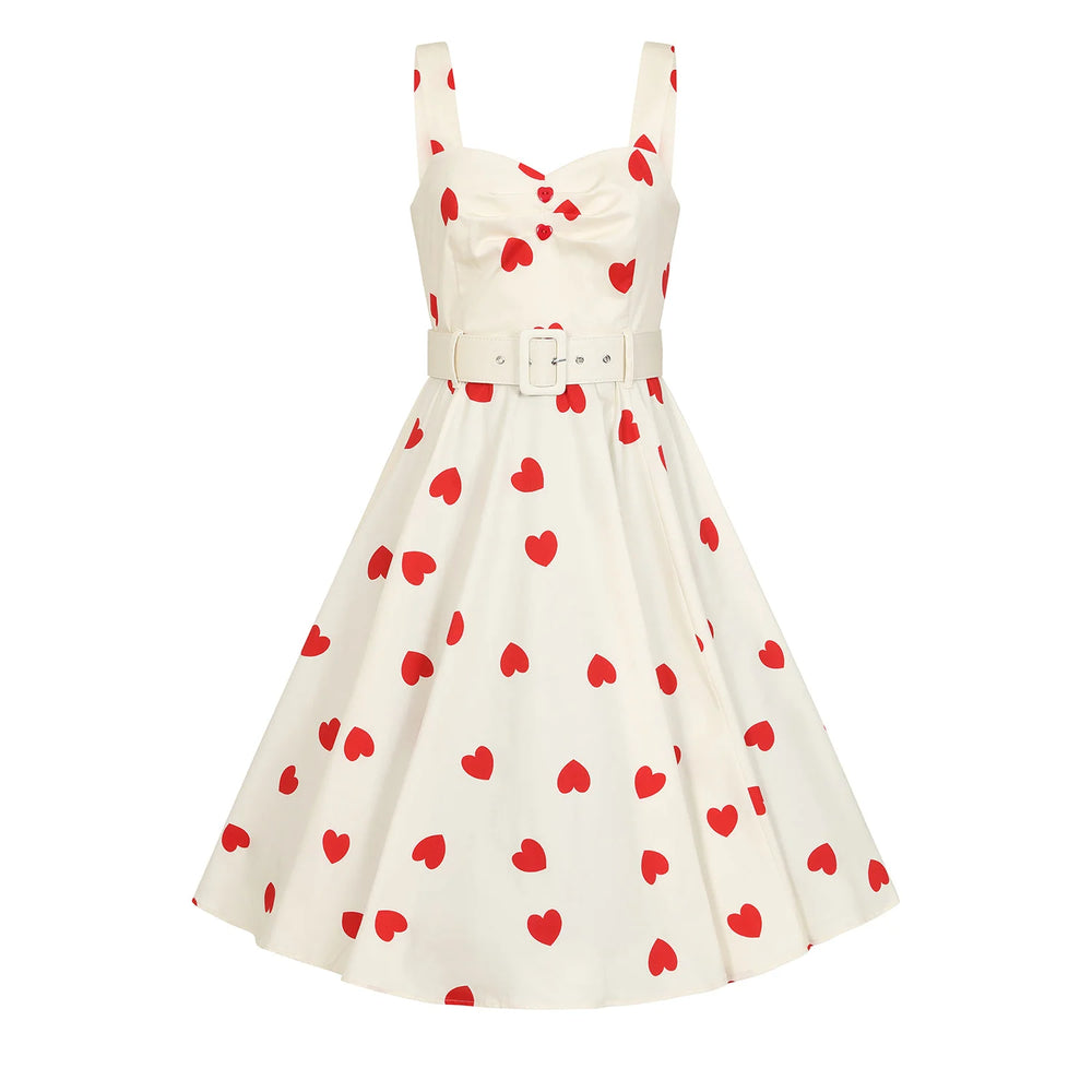 White With Red Heart Rockabilly Shoulder Strap 50s Swing Dress