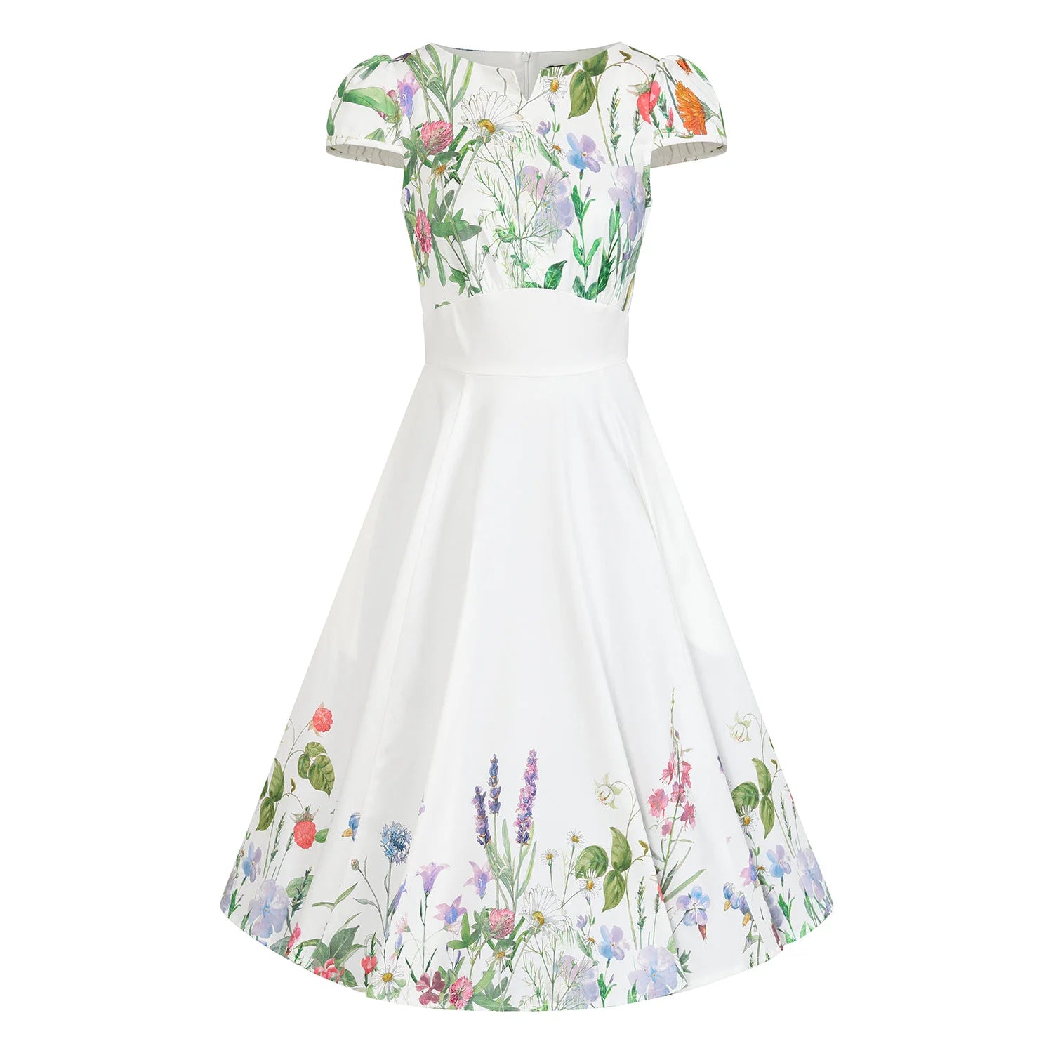 White Floral Notch Neck Cap Sleeve Rockabilly 50s Swing Dress