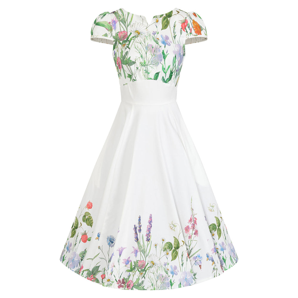 White Floral Notch Neck Cap Sleeve Rockabilly 50s Swing Dress