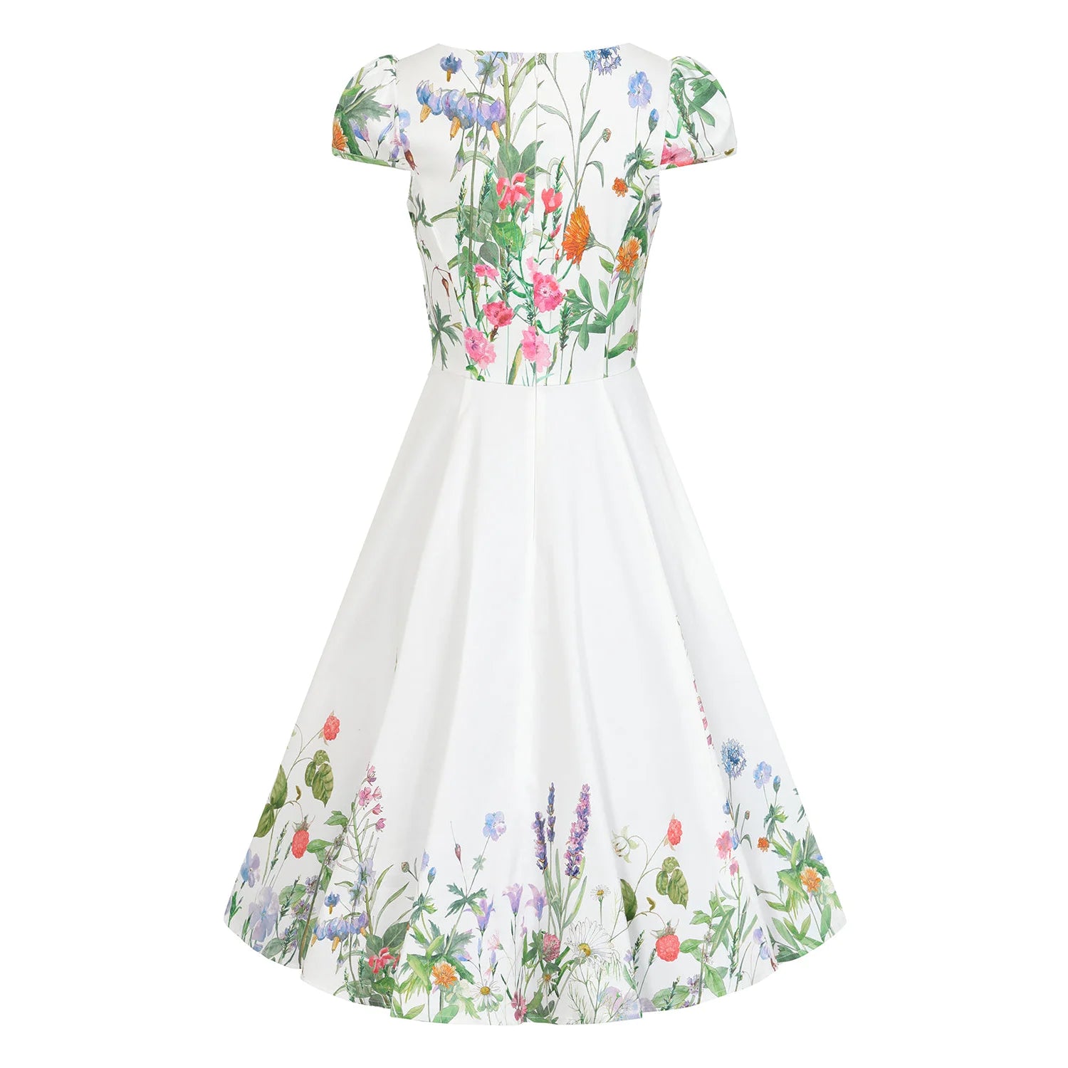 White Floral Notch Neck Cap Sleeve Rockabilly 50s Swing Dress