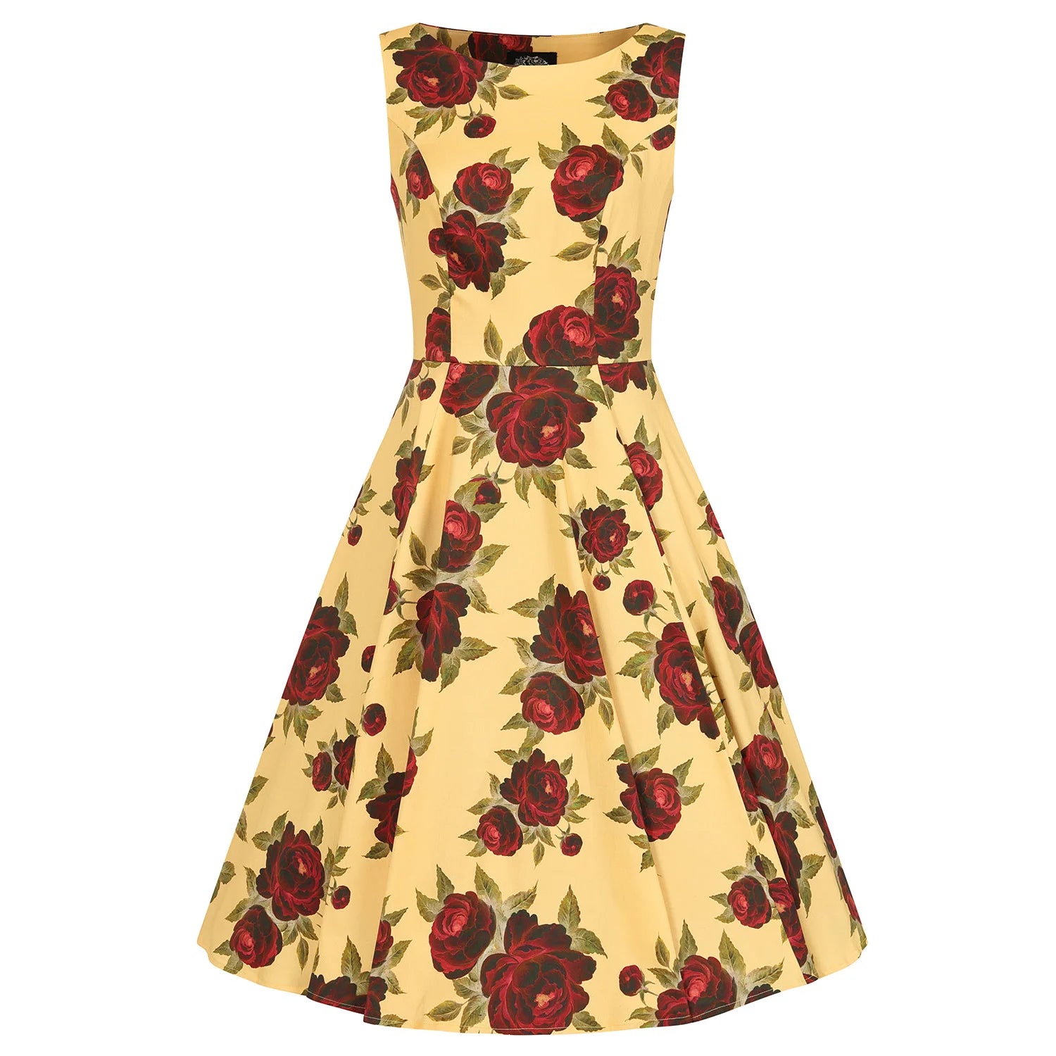 Yellow And Red Rose Floral Print Sleeveless Rockabilly 50s Swing Dress