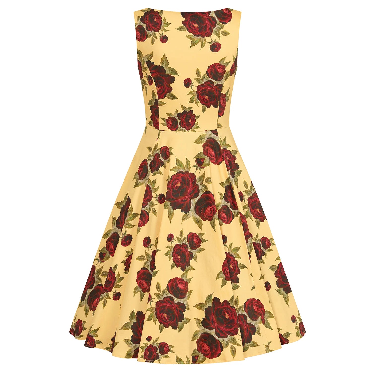 Yellow And Red Rose Floral Print Sleeveless Rockabilly 50s Swing Dress