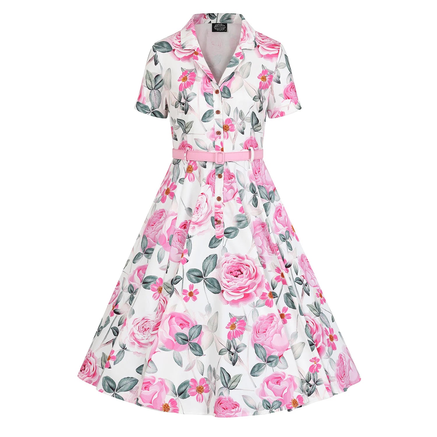 White and Pink Floral Button Front Tea Dress