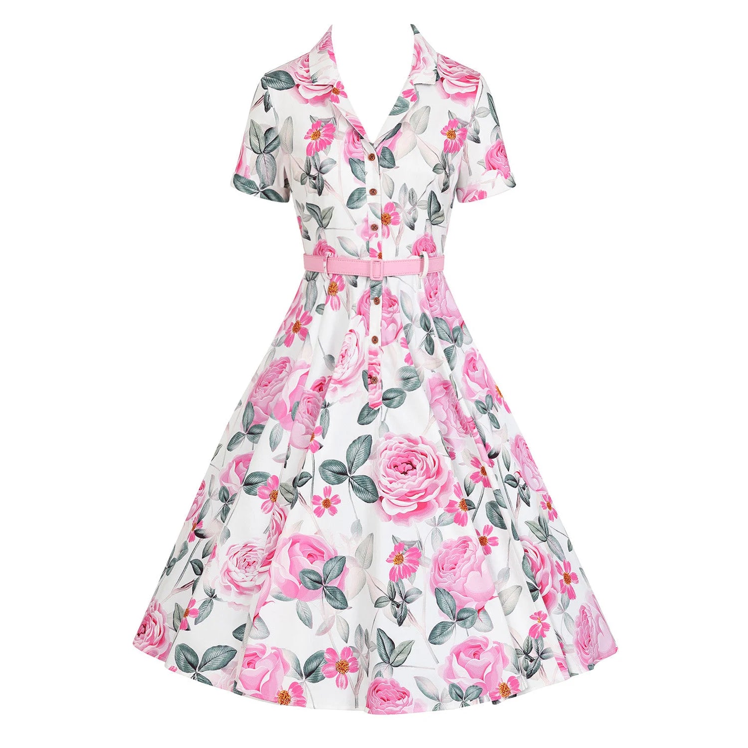 White and Pink Floral Button Front Tea Dress