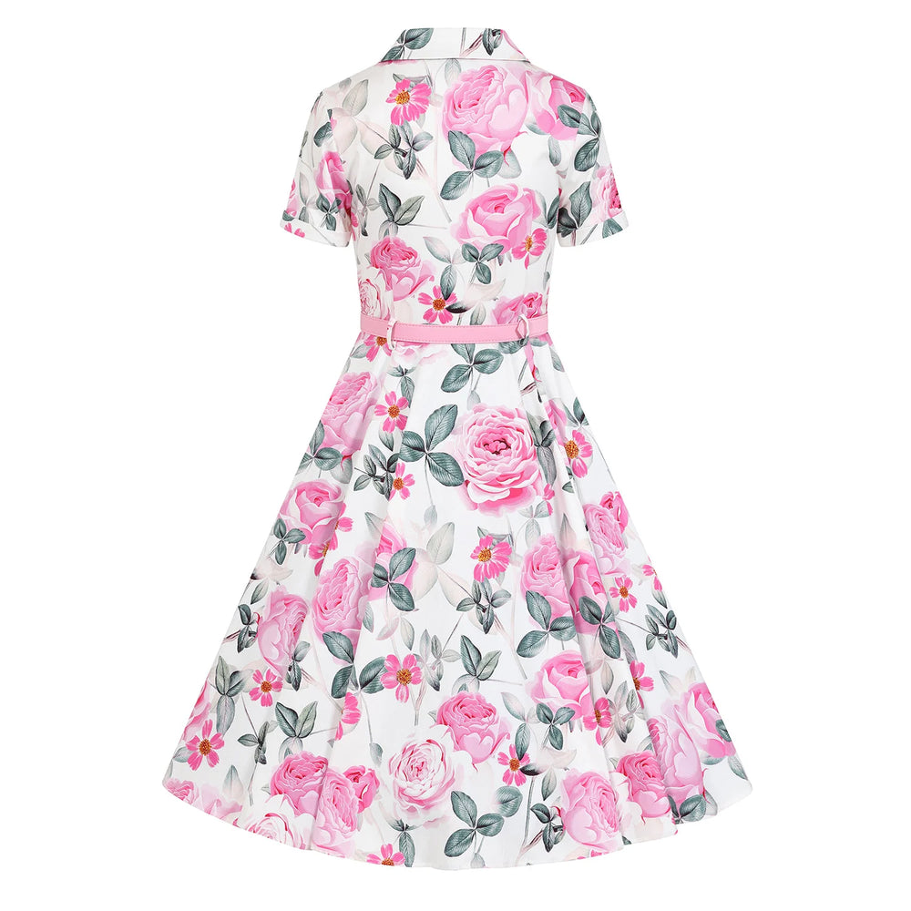 White and Pink Floral Button Front Tea Dress