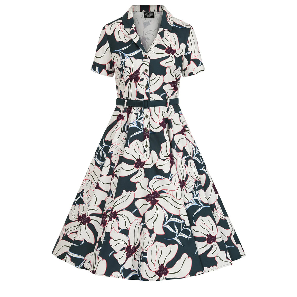 Deep Green And White Floral Print 50s Swing Tea Dress