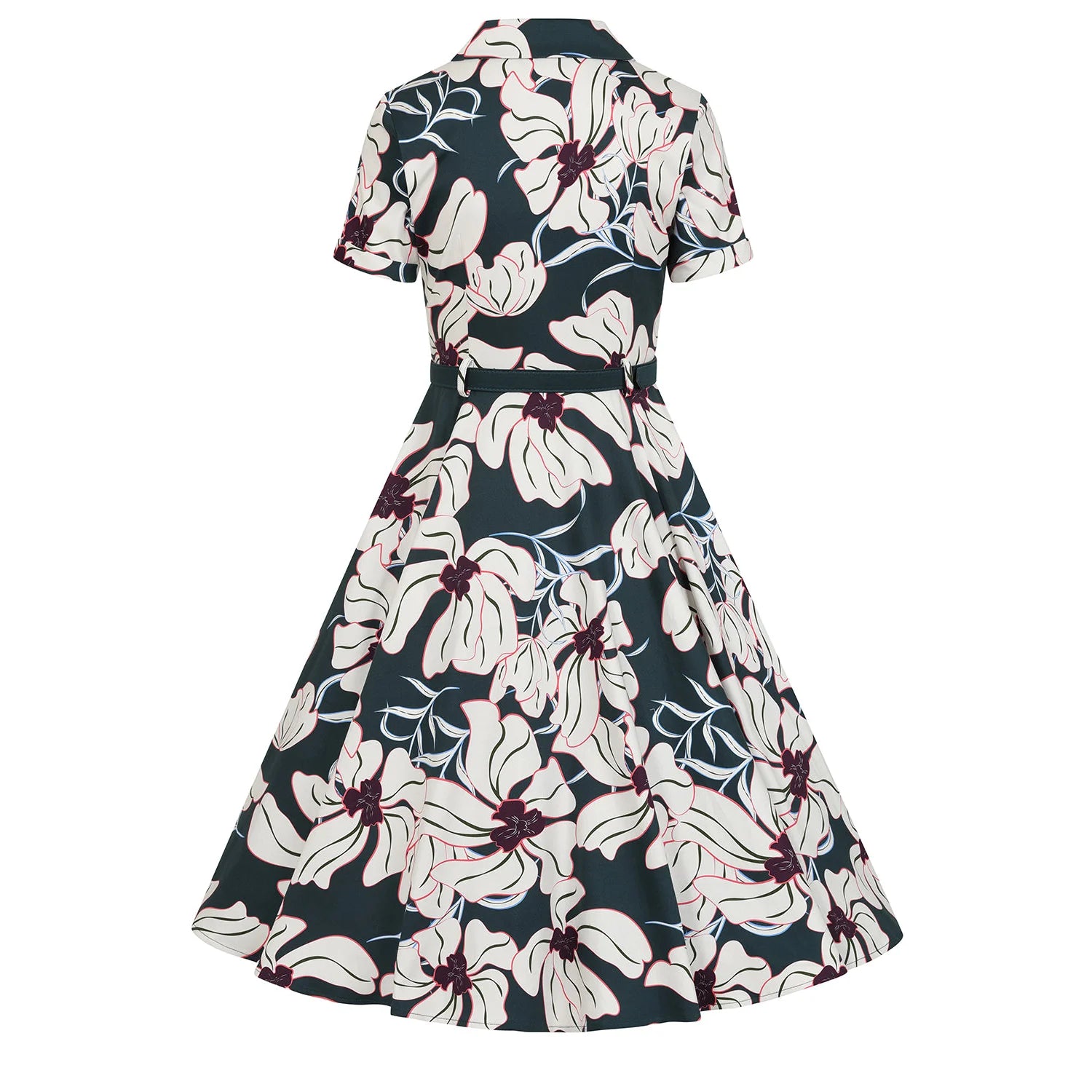 Deep Green And White Floral Print 50s Swing Tea Dress