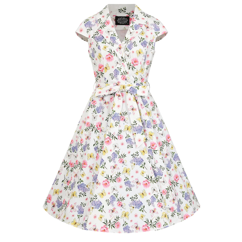 White Summer Floral Print Cap Sleeve 50s Swing Tea Dress