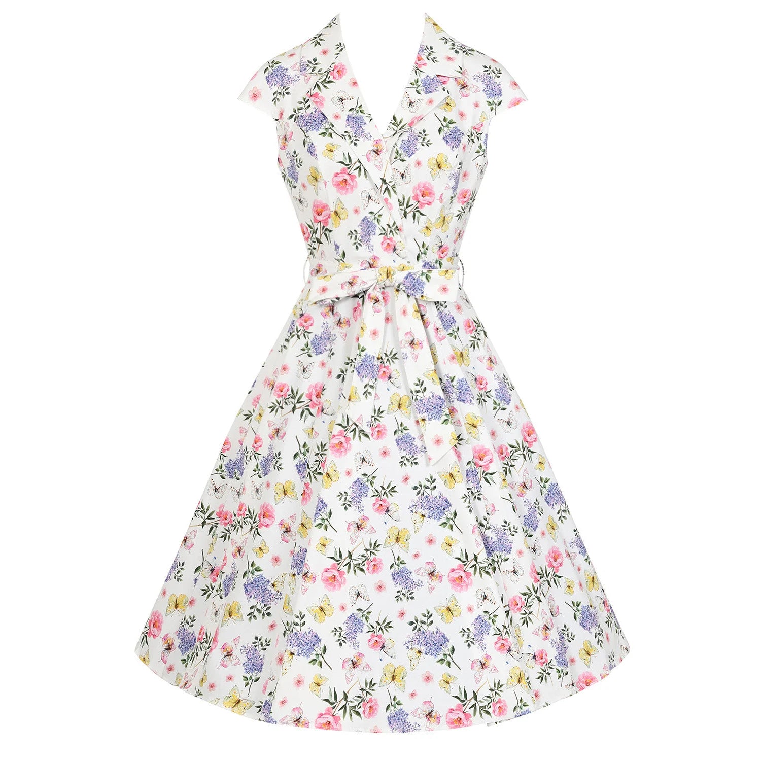 White Summer Floral Print Cap Sleeve 50s Swing Tea Dress