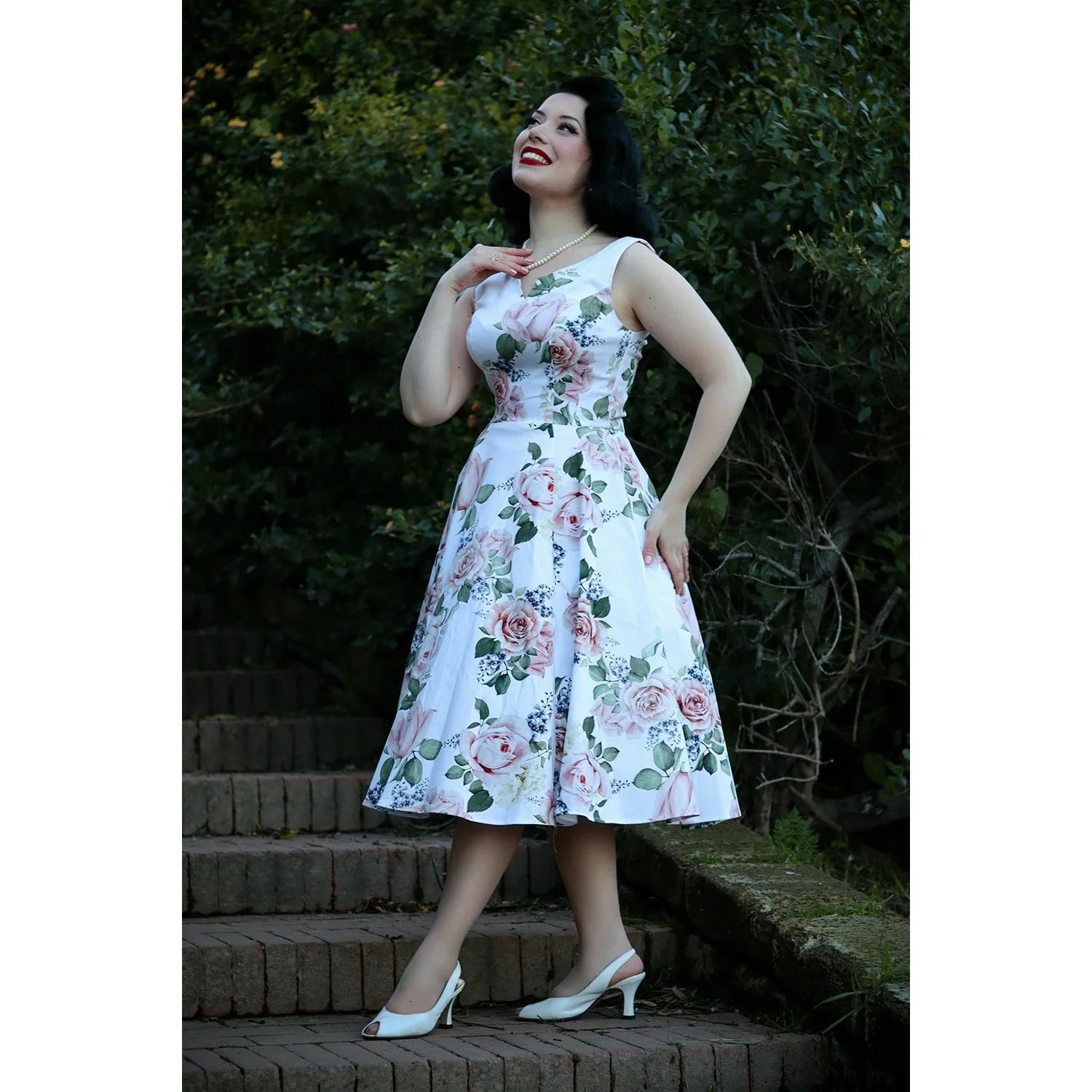 White And Pink Floral V Neck Sleeveless Rockabilly 50s Swing Dress