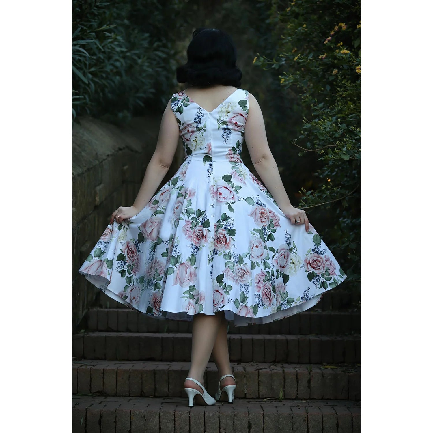 White And Pink Floral V Neck Sleeveless Rockabilly 50s Swing Dress