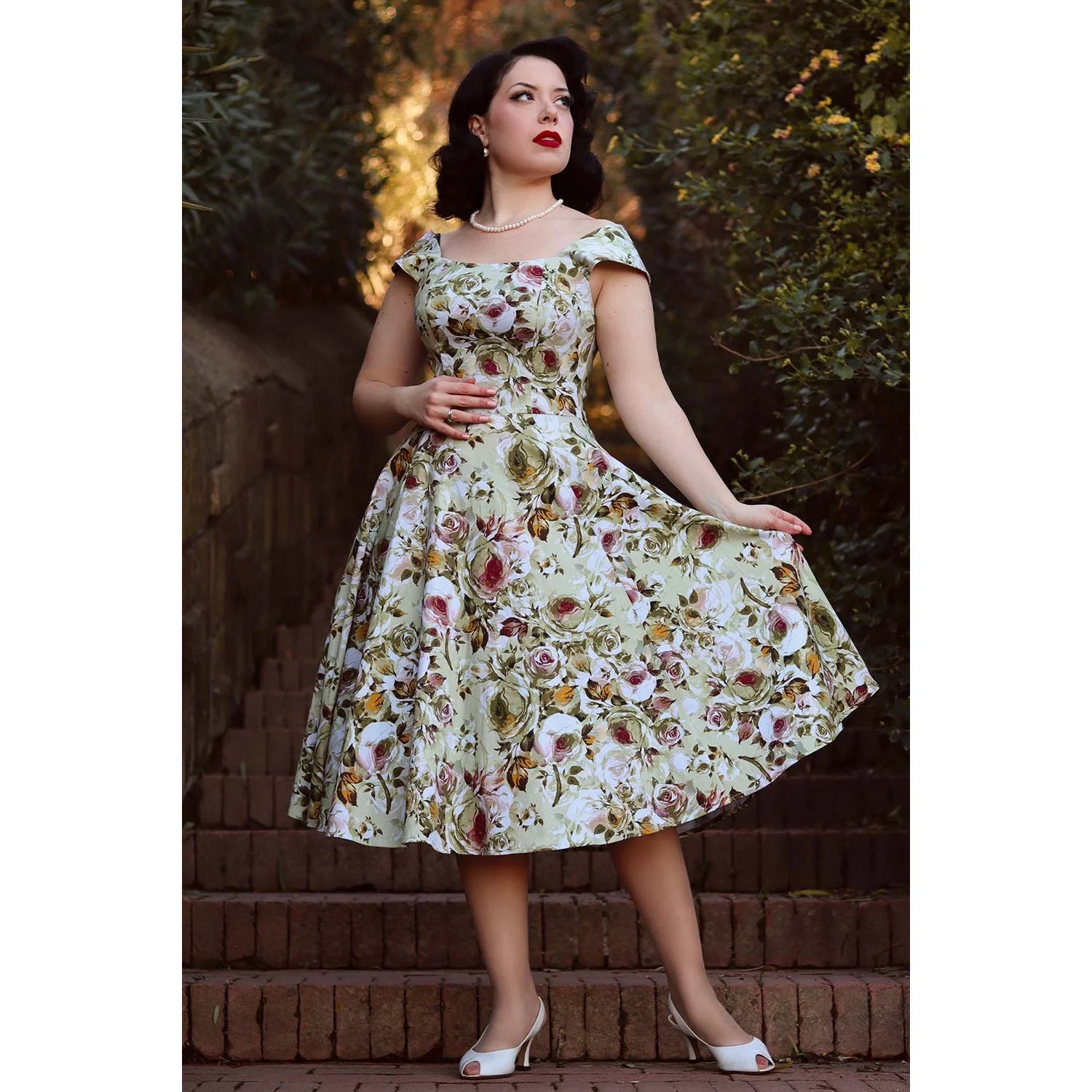 Green Multi Coloured Rose Floral Rockabilly 50s Swing Dress