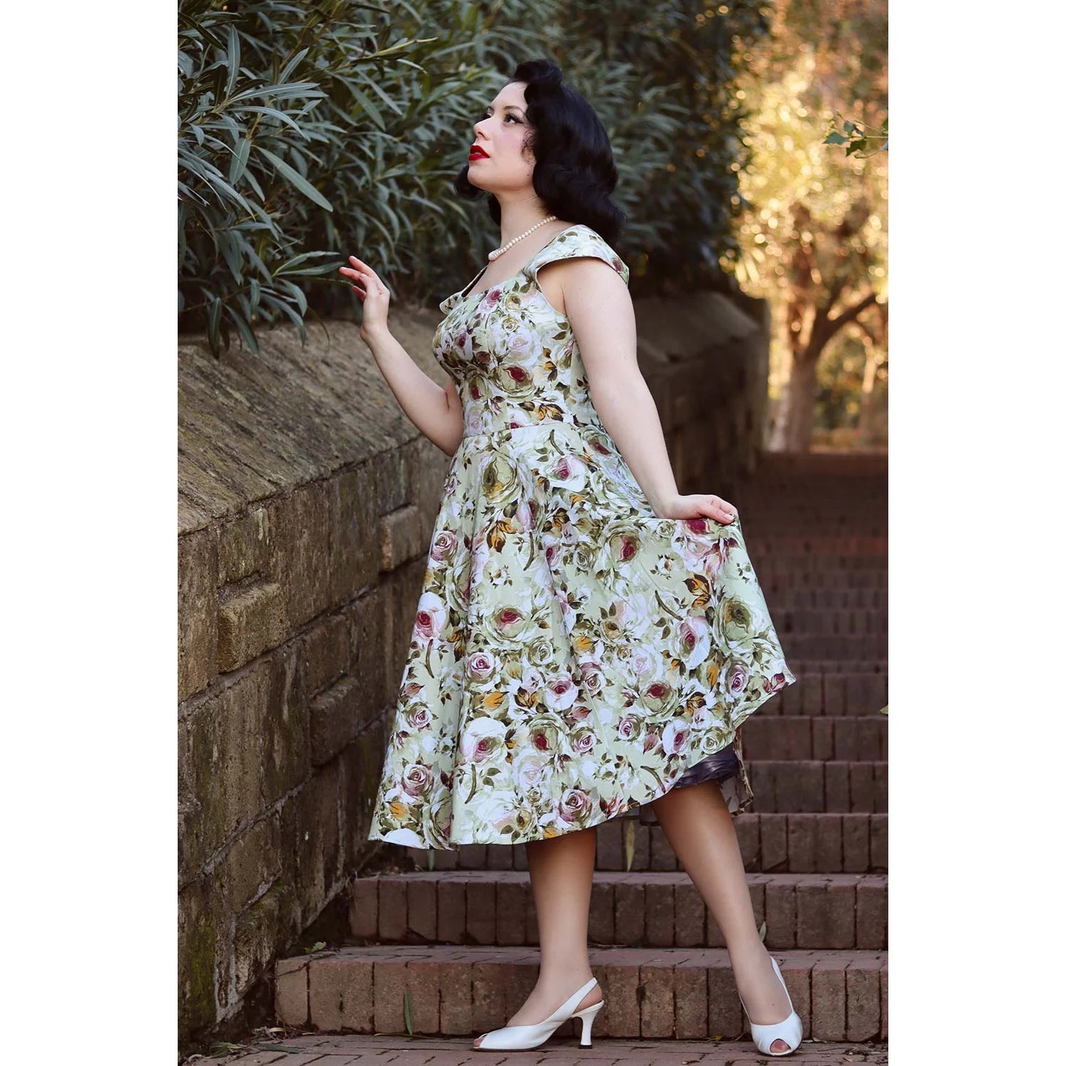 Green Multi Coloured Rose Floral Rockabilly 50s Swing Dress