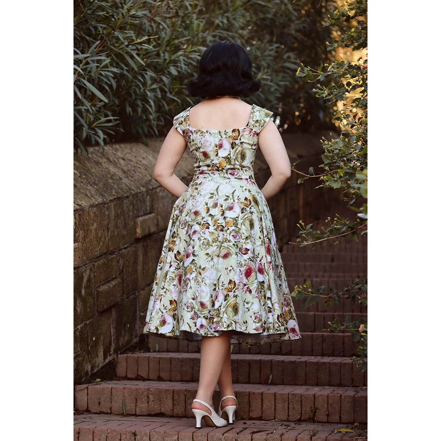 Green Multi Coloured Rose Floral Rockabilly 50s Swing Dress