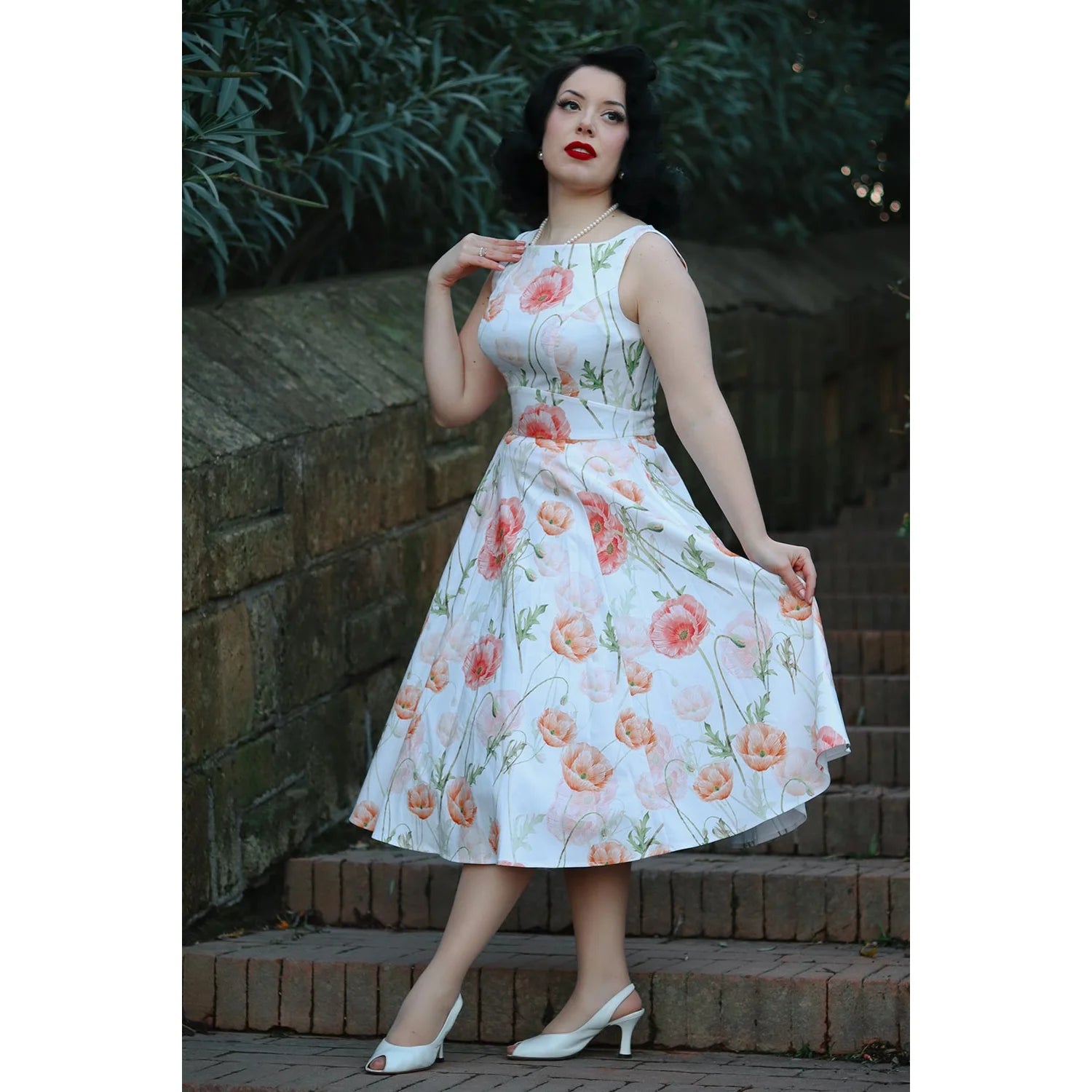 White And Peach Floral Rockabilly Sleeveless 50s Audrey Swing Dress