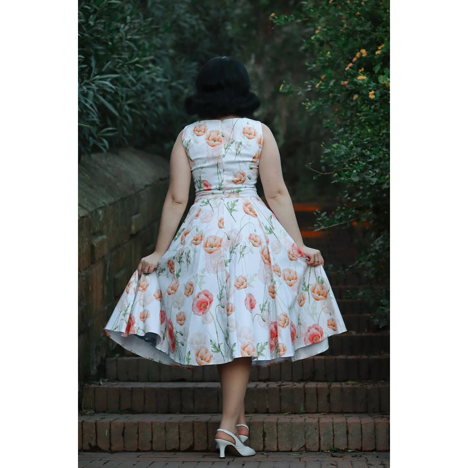 White And Peach Floral Rockabilly Sleeveless 50s Audrey Swing Dress