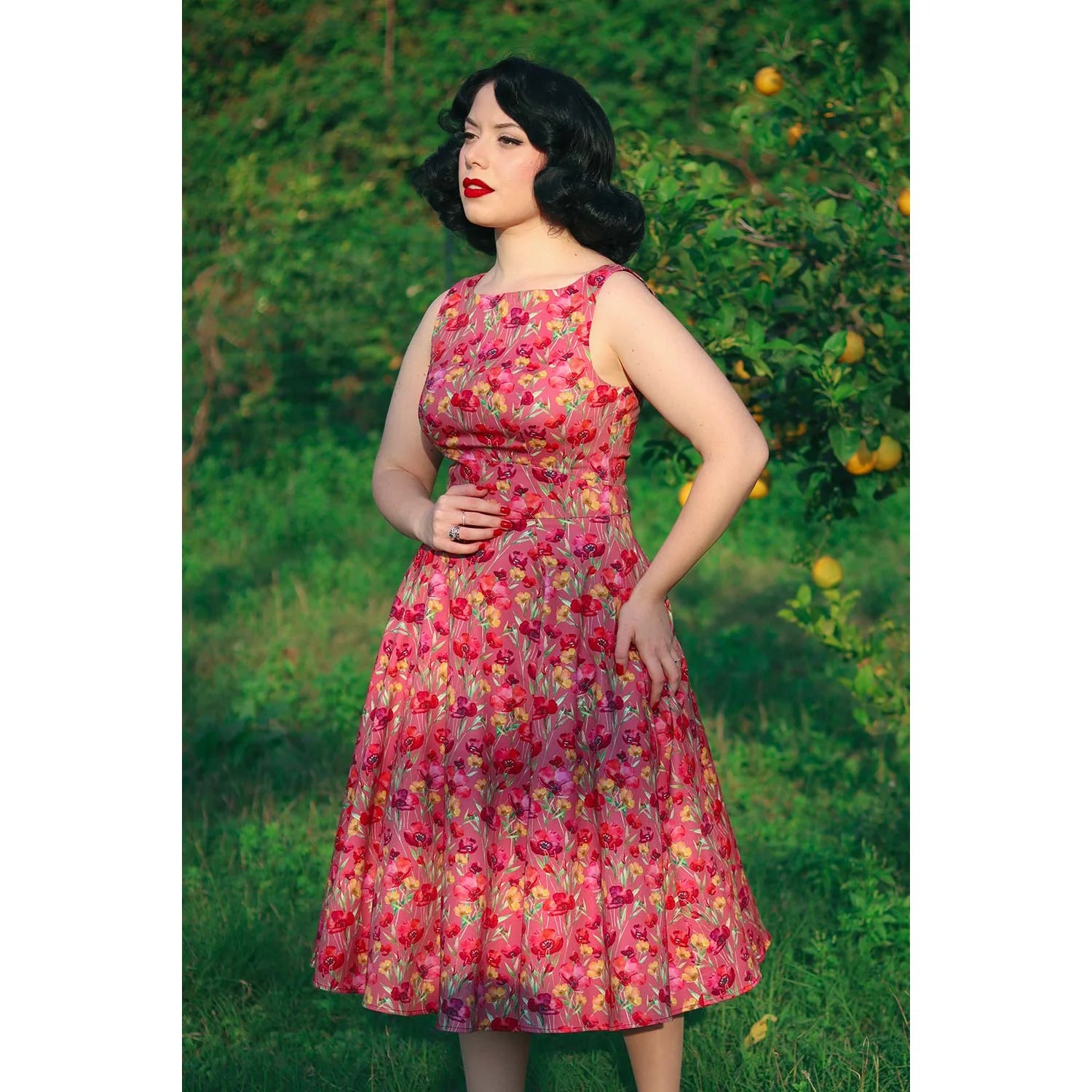 Maroon Pink With Multi Floral Rockabilly Sleeveless 50s Round Neck Swing Dress