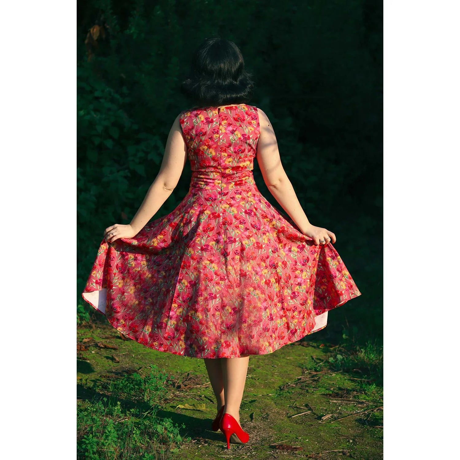 Maroon Pink With Multi Floral Rockabilly Sleeveless 50s Round Neck Swing Dress