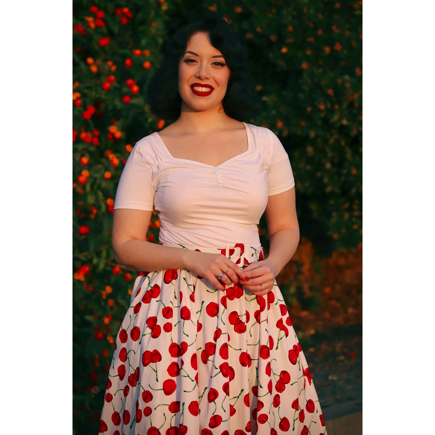 White And Red Cherries Cherry Print Rockabilly Swing Skirt