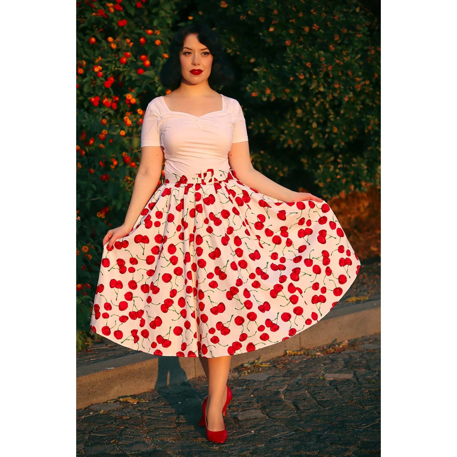 White And Red Cherries Cherry Print Rockabilly Swing Skirt