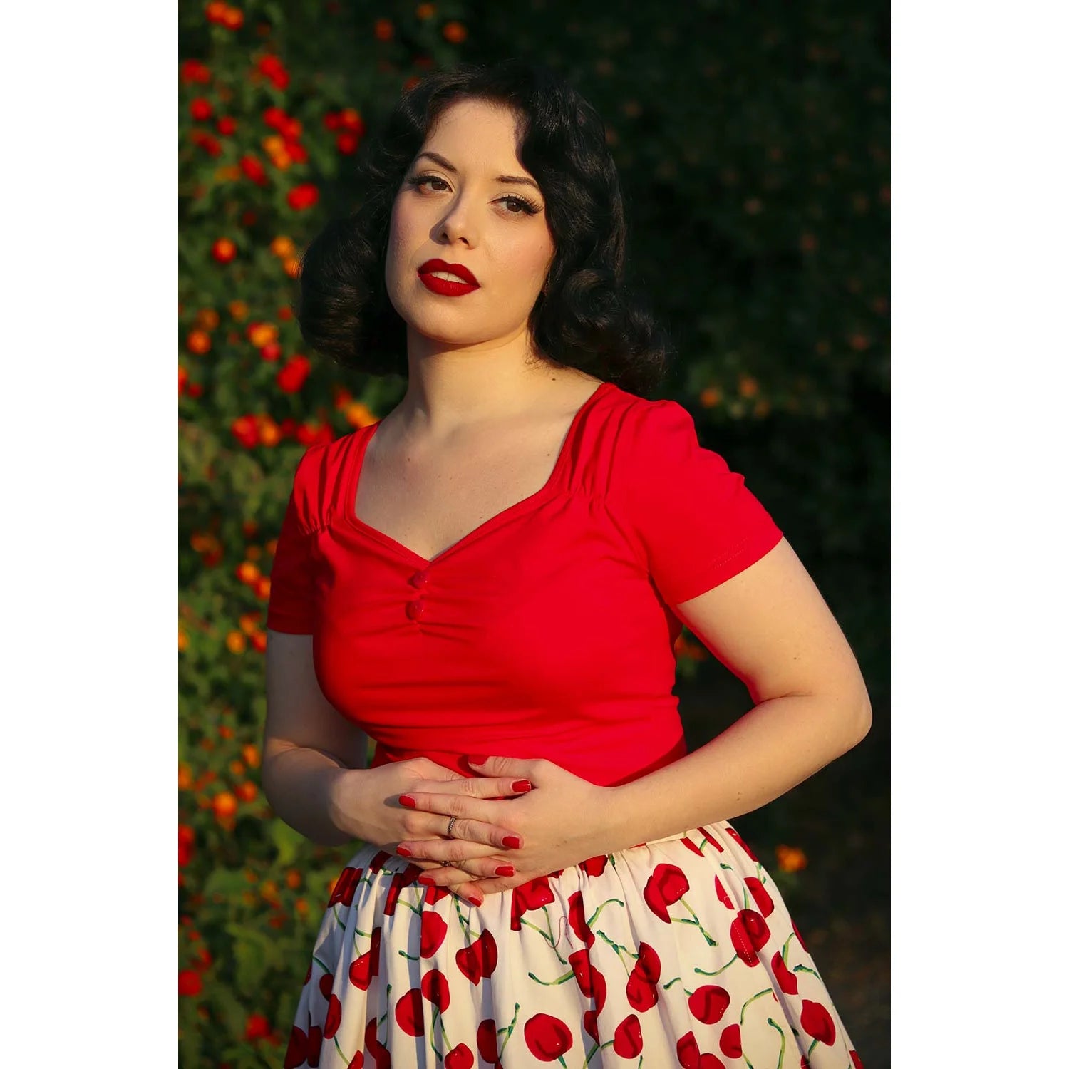 Red Cap Sleeve Sweetheart Neckline Top