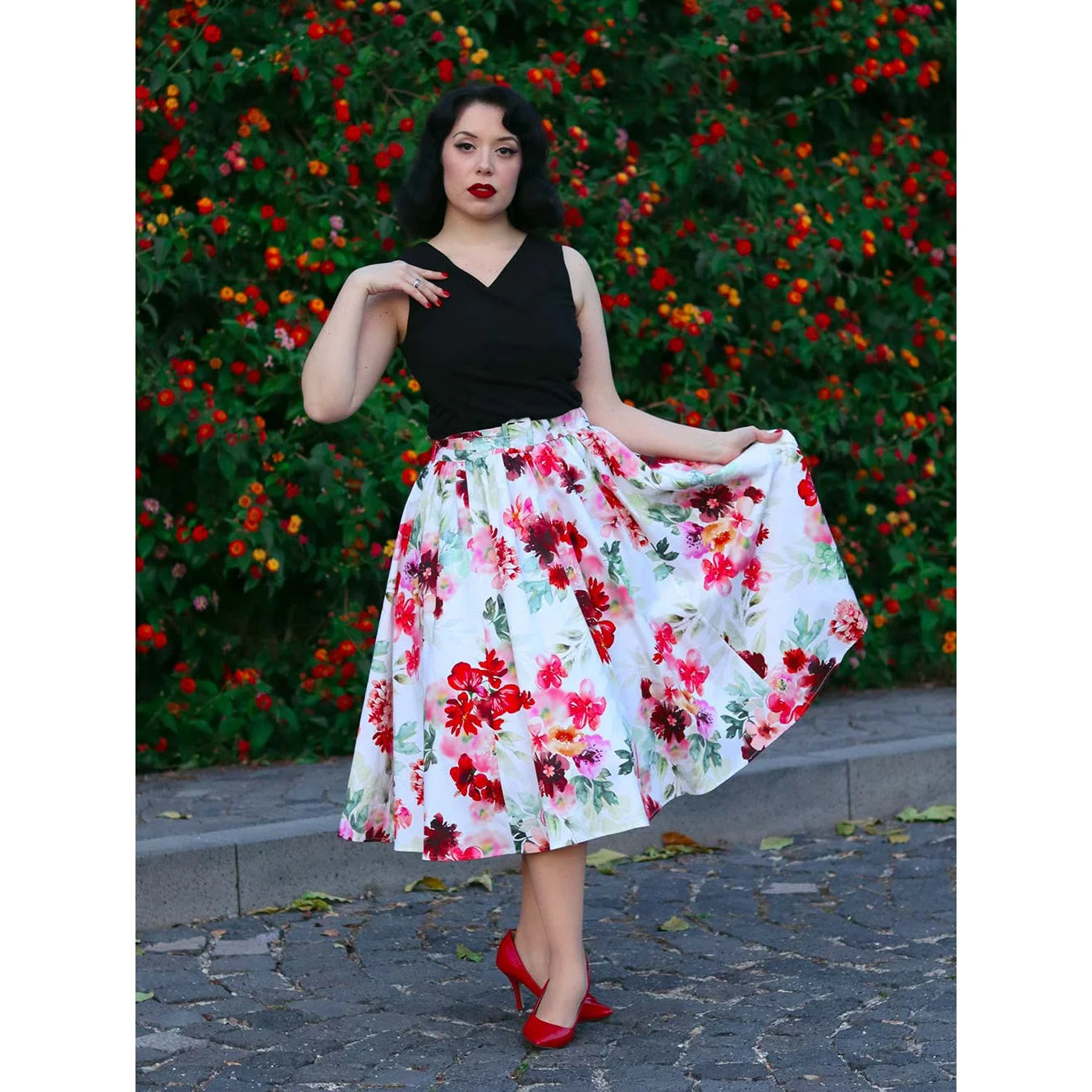 White And Red Summer Floral Print Rockabilly Swing Skirt