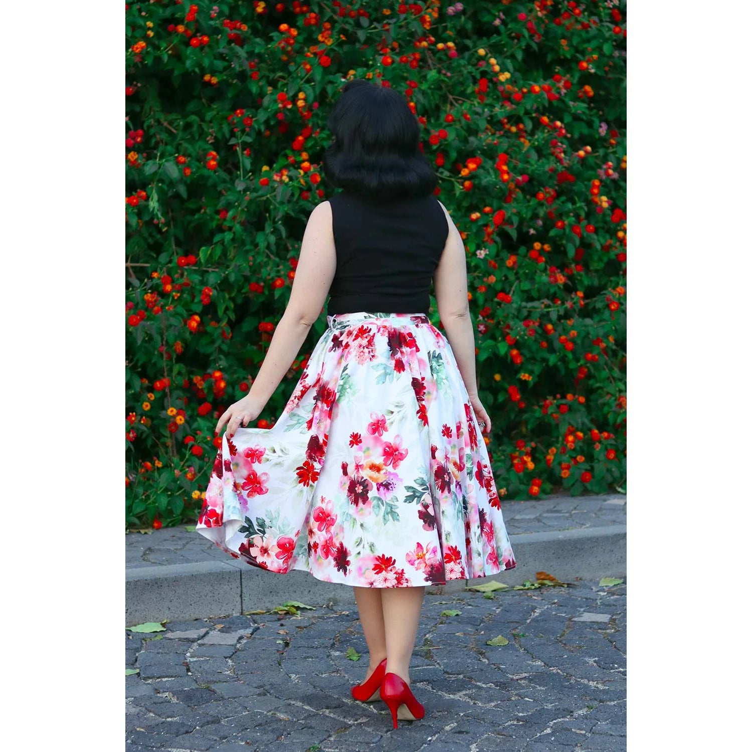 White And Red Summer Floral Print Rockabilly Swing Skirt