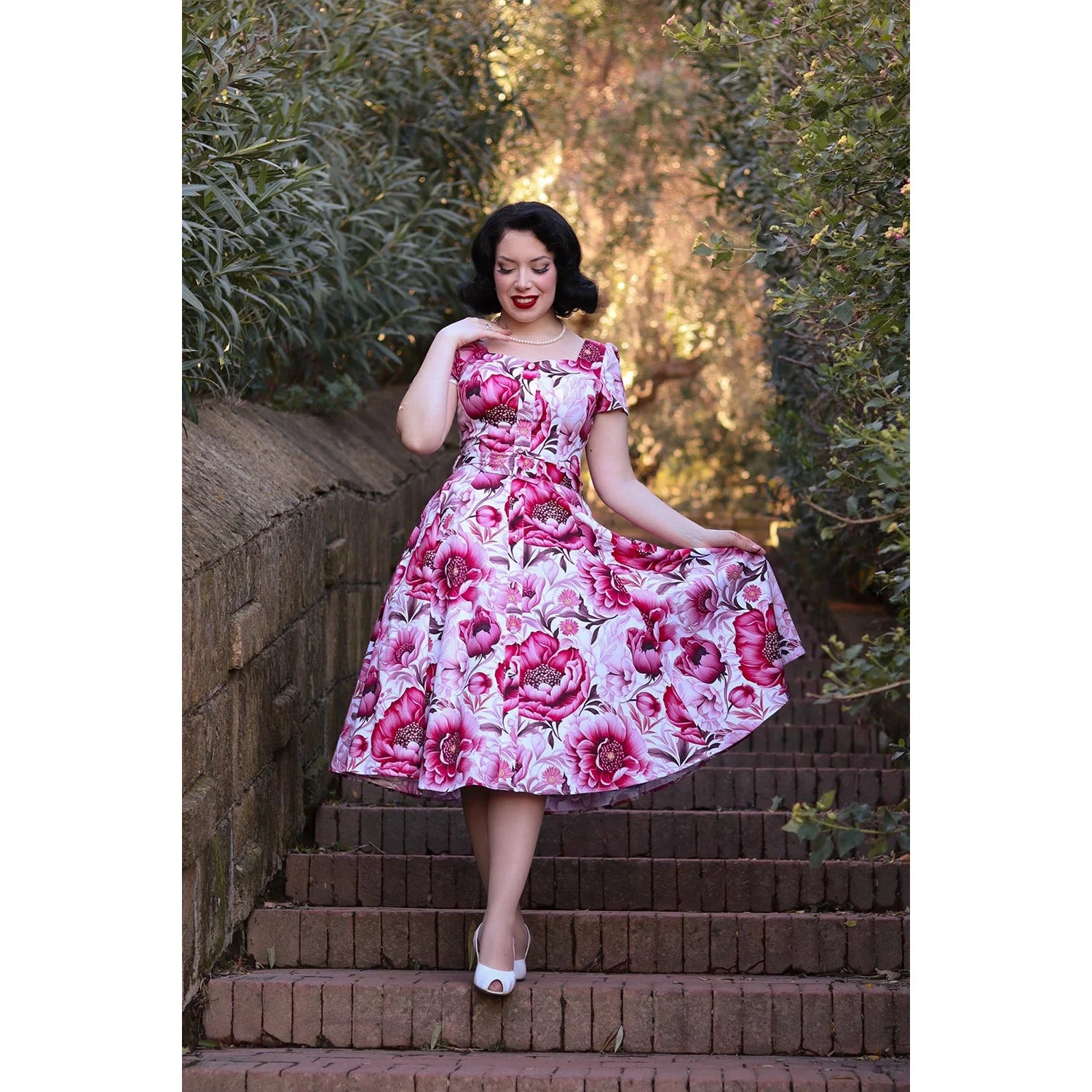 Pink Floral Cap Sleeve Rockabilly 50s Swing Dress