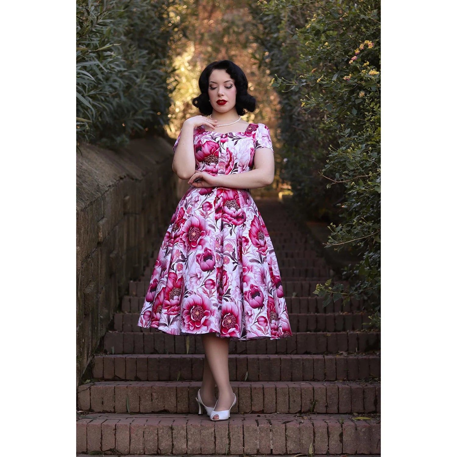 Pink Floral Cap Sleeve Rockabilly 50s Swing Dress