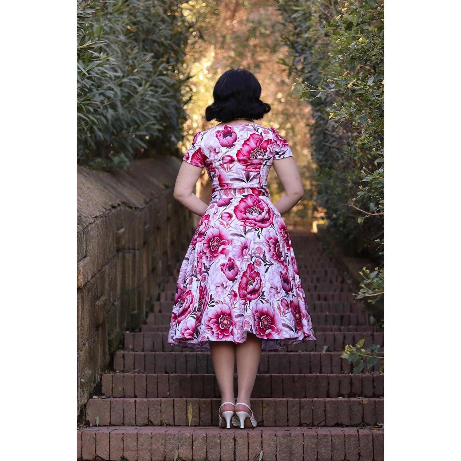 Pink Floral Cap Sleeve Rockabilly 50s Swing Dress