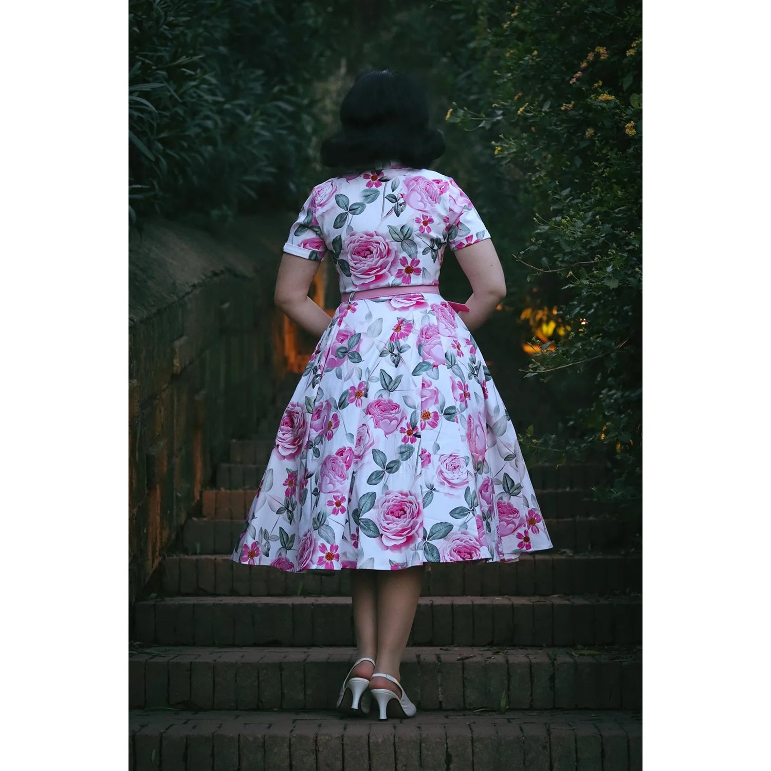 White and Pink Floral Button Front Tea Dress