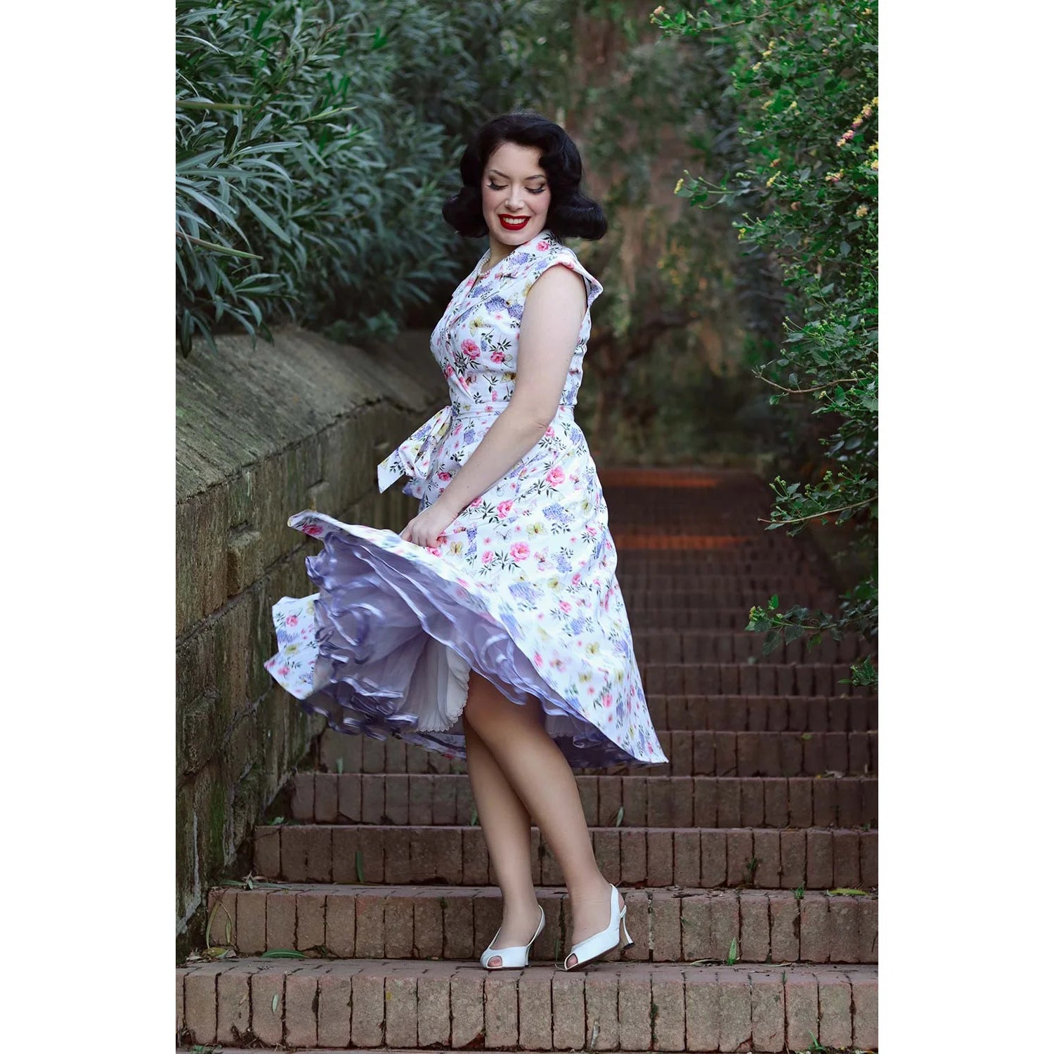 White Summer Floral Print Cap Sleeve 50s Swing Tea Dress