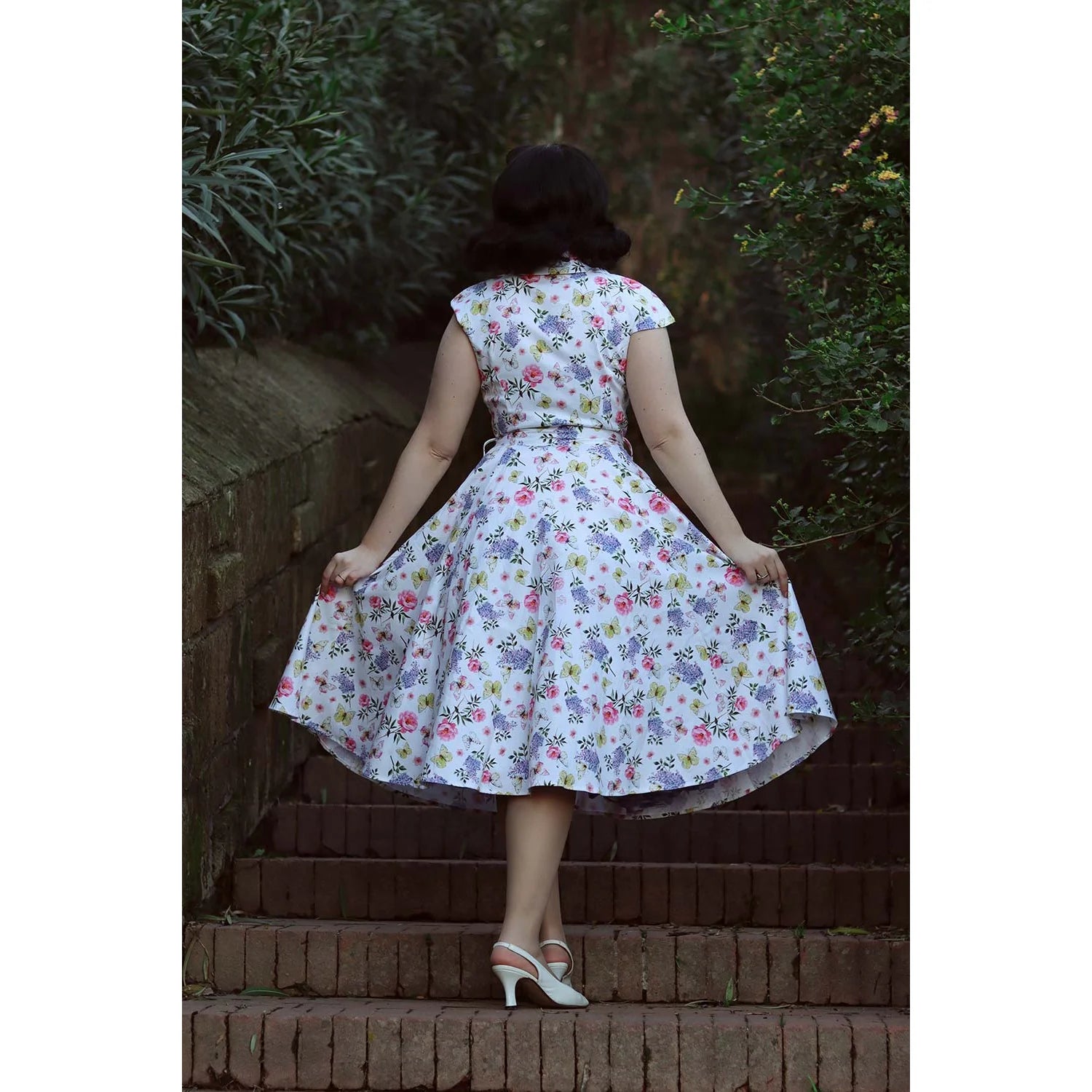 White Summer Floral Print Cap Sleeve 50s Swing Tea Dress