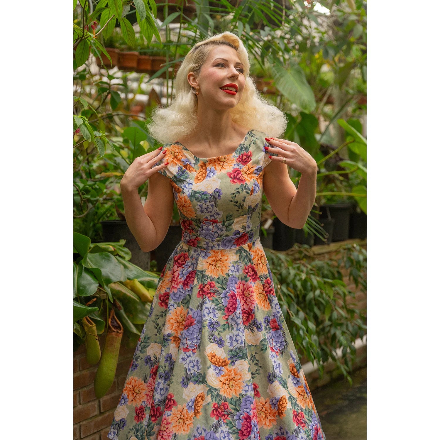 Sage Green And Pink Floral Cap Sleeve Rockabilly 50s Swing Dress