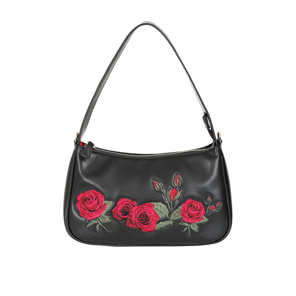 Black and red rose embroidered handbag
