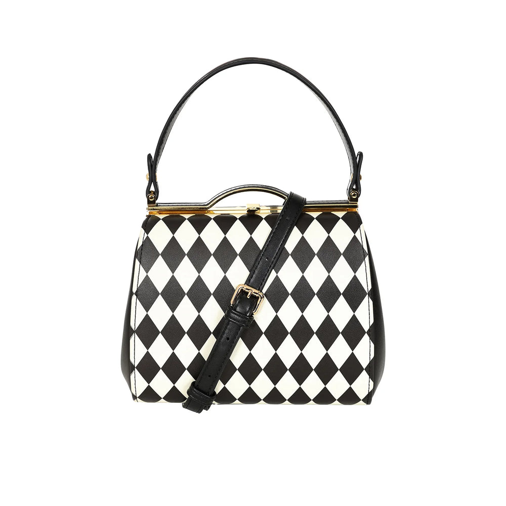 Black White Retro Harlequin Shoulder Strap Handbag