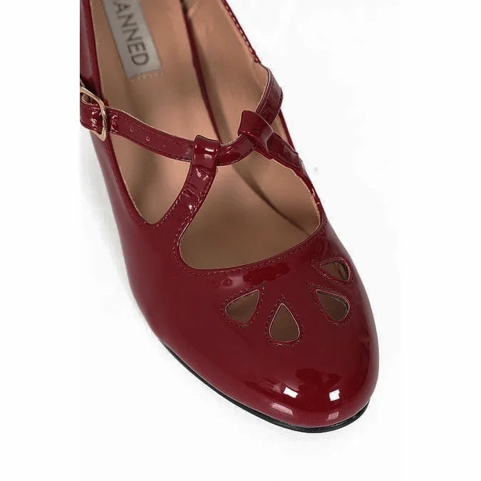 Dark Red Burgundy Retro Mary Jane Heel Shoes