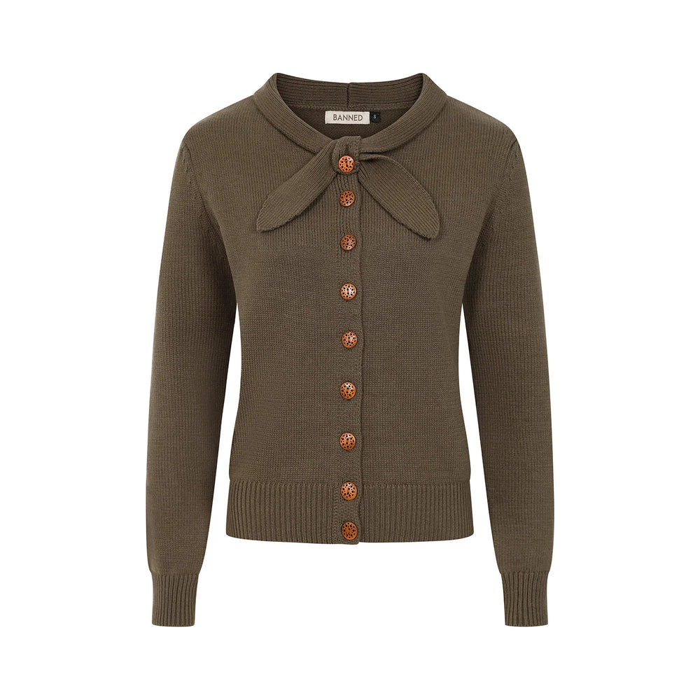 Army Green Vintage Knot Tie Bow Heavy Yarn Knitted Cardigan