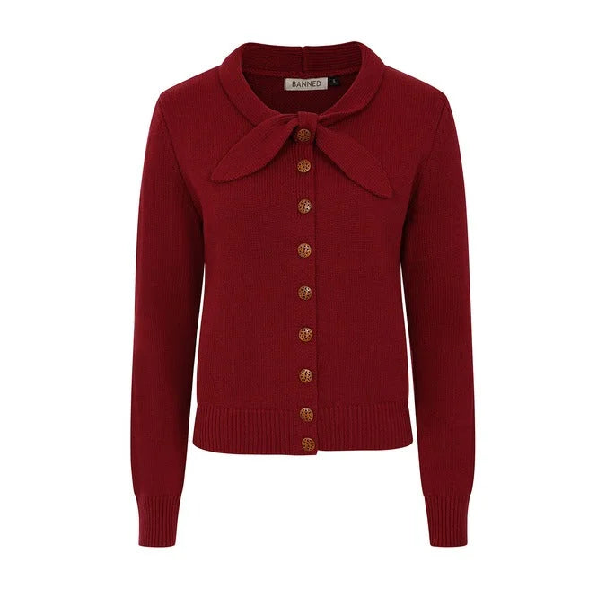 Burgundy Wine Vintage Knot Tie Bow Heavy Yarn Knitted Cardigan