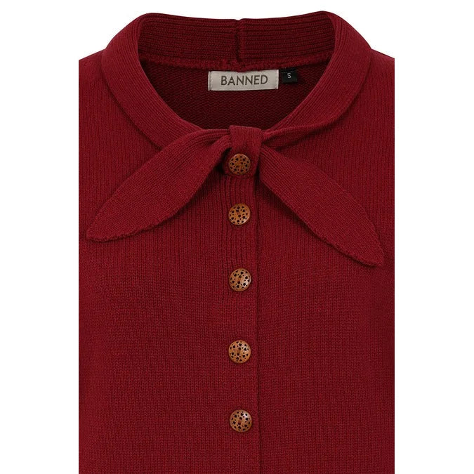 Burgundy Wine Vintage Knot Tie Bow Heavy Yarn Knitted Cardigan