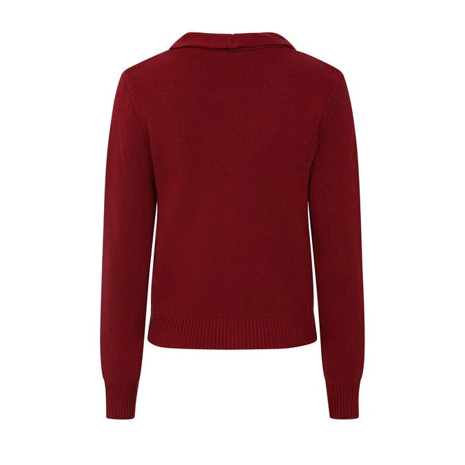 Burgundy Wine Vintage Knot Tie Bow Heavy Yarn Knitted Cardigan