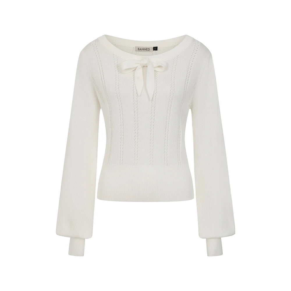 Cream Off White Long Sleeve Crew Neck Pointelle Top Jumper
