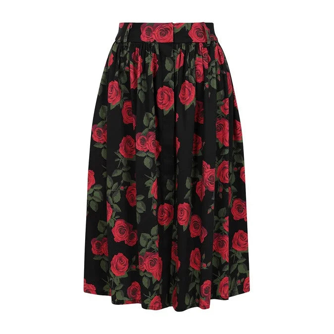 Black Red Rose Print Rockabilly Swing Skirt