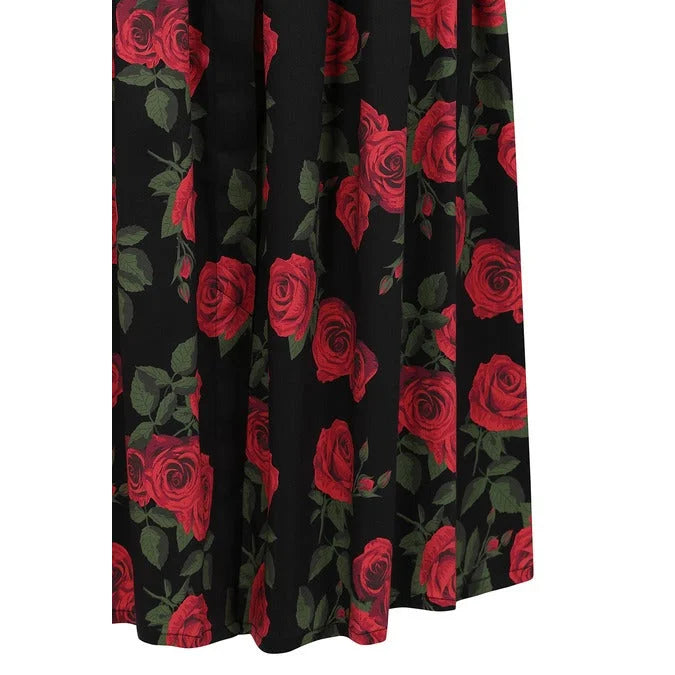 Black Red Rose Print Rockabilly Swing Skirt