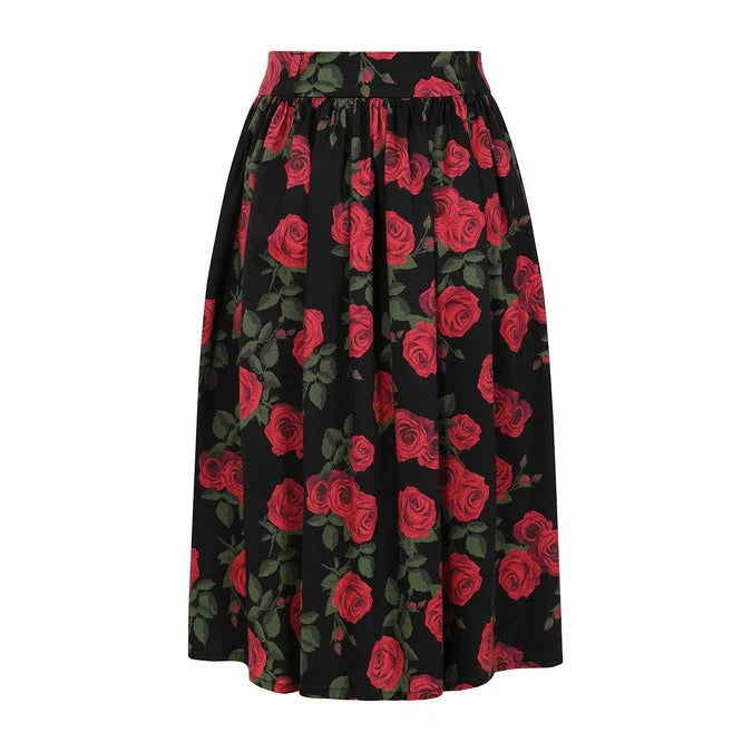 Black Red Rose Print Rockabilly Swing Skirt