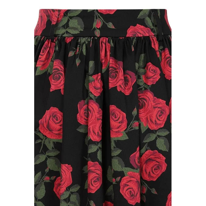 Black Red Rose Print Rockabilly Swing Skirt