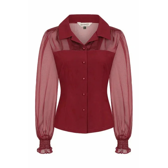 Burgundy Retro 50s Long Sleeve Romantic Blouse