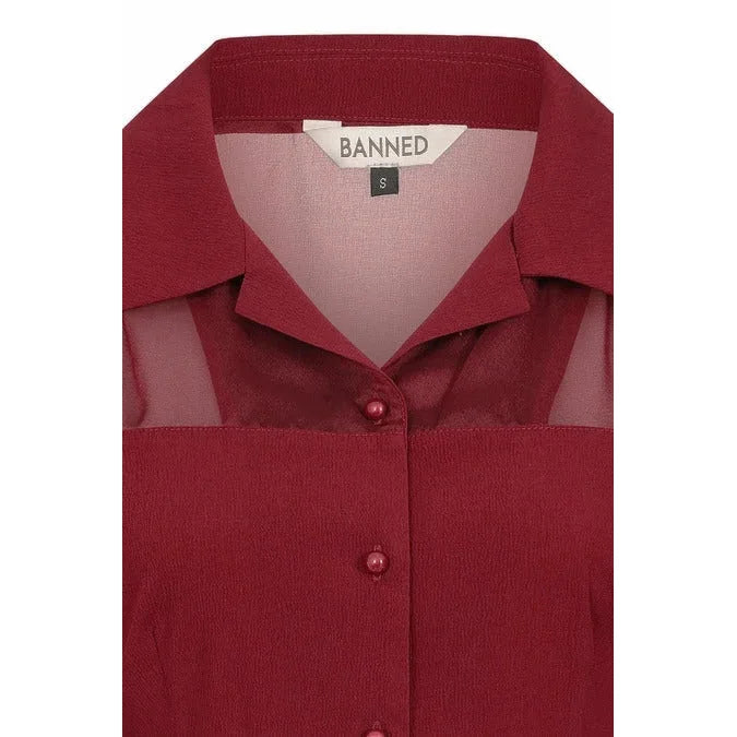 Burgundy Retro 50s Long Sleeve Romantic Blouse