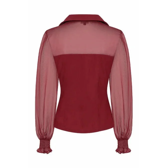 Burgundy Retro 50s Long Sleeve Romantic Blouse